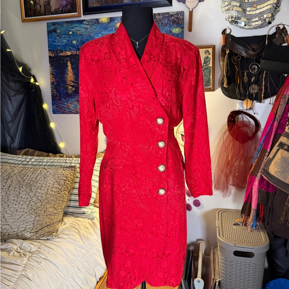 Vintage 80s Rampage Red Floral Blazer Dress w/ Shoulder Pads size 5